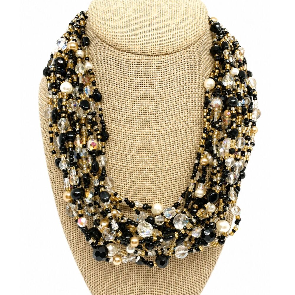 VINTAGE JOAN RIVERS NECKLACE Black Crystal Pearl Beaded Torsade Multistrand